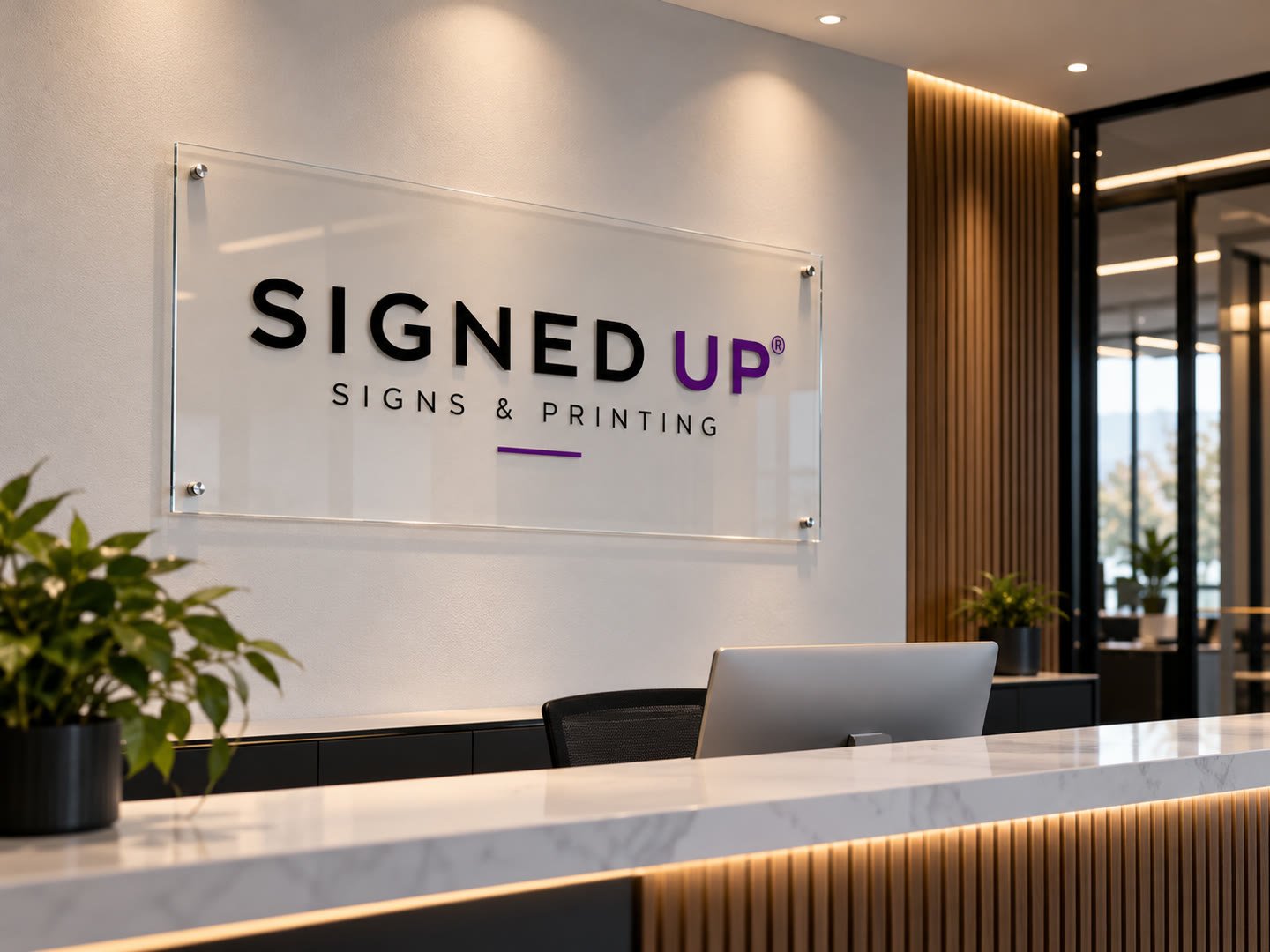 Clear acrylic Signed Up sign on silver standoffs on the wall behind a reception desk