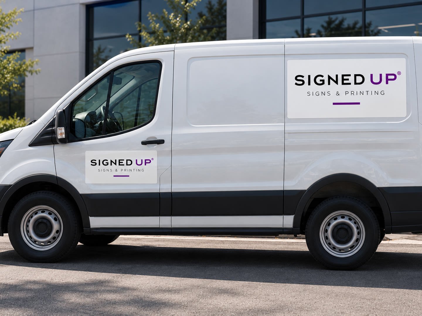 Two white Signed Up magnetic panels on the door and side of a white cargo van