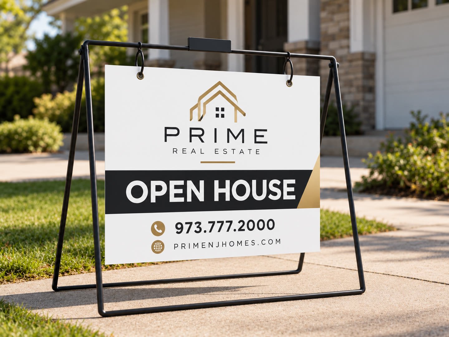 Open house board hanging on a black metal swinger frame on a front walk