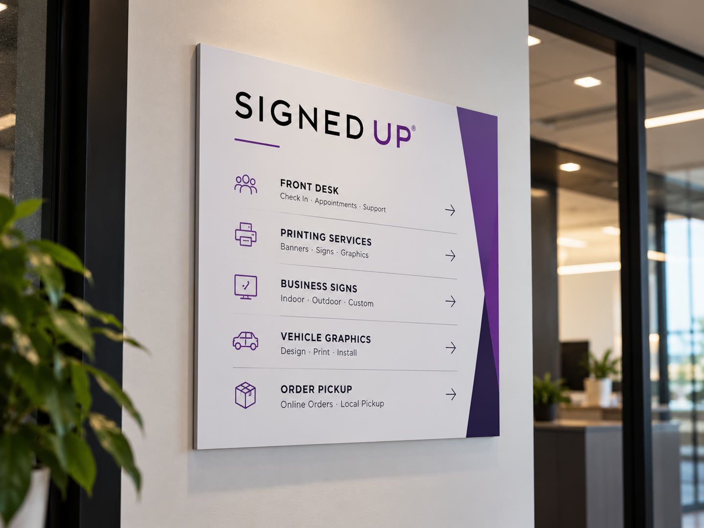 White PVC directory panel with a purple accent mounted flat on an office wall