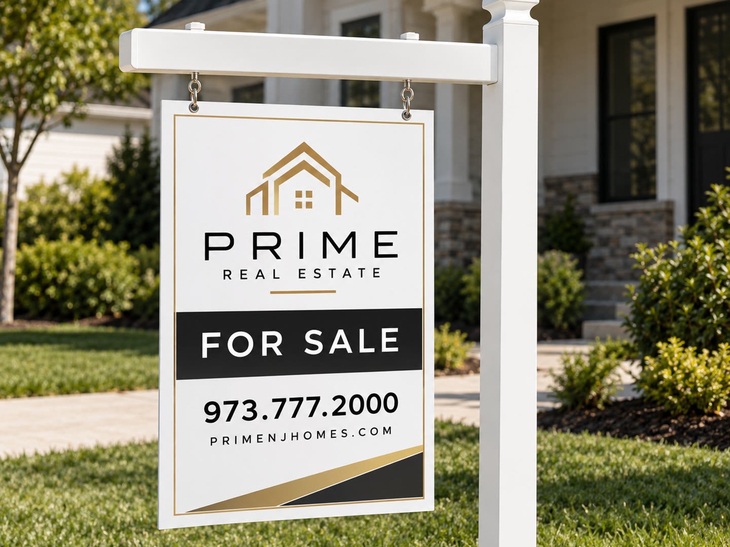 Real estate for sale panel hanging from a white PVC post arm in a front yard