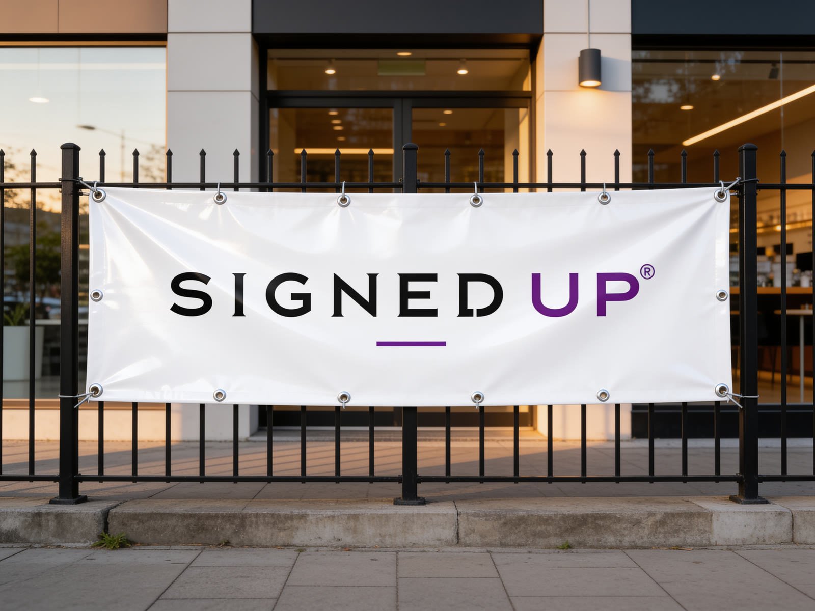 Full-color 3 by 6 foot vinyl banner, grommets every 2 feet, zip-tied to a job site fence